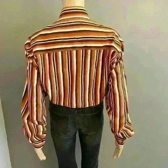 Vintage oversized unisex orange stripes long sleeves button down shirt  blouse - Picture 4 of 11
